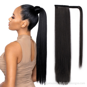 Vigorous Clip in Ponytail Extension Wrap Around Straight Hair 22 inch Synthetic Hairpiece-Natural Black 1B color